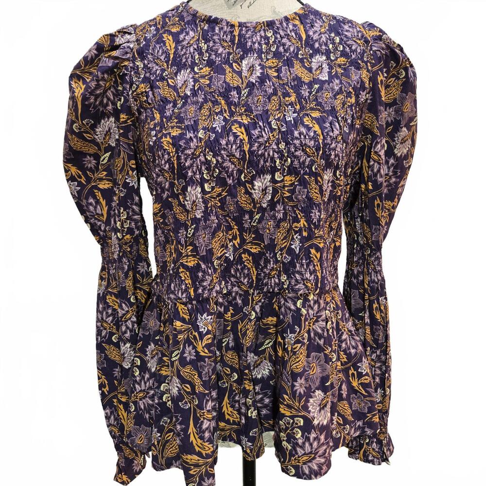 Universal Thread Long Puff Smocked Sleeve Purple Floral Peplum Shirt Size M